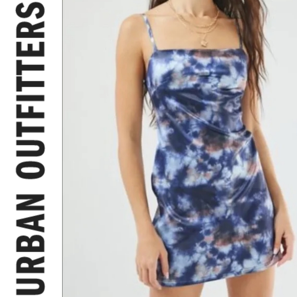 UO PRINTED METALLIC MINI SLIP DRESS IN LIGHT and DARK BLUE TIE DYE